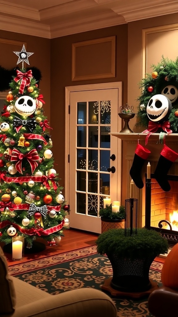 Jack Skellington Christmas Decor Ideas A living room decorated for Christmas with Jack Skellington ornaments, wreath, and stockings.